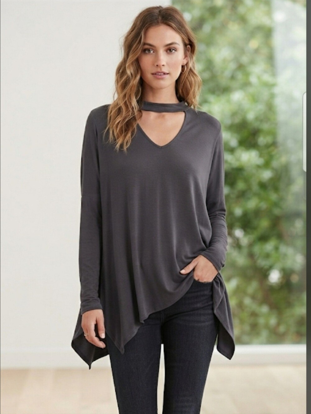 Jodifl Flowing Gray Keyhole Neck 3/4 Sleeve Tunic Hi-Lo Sharkbite  Hem One Size